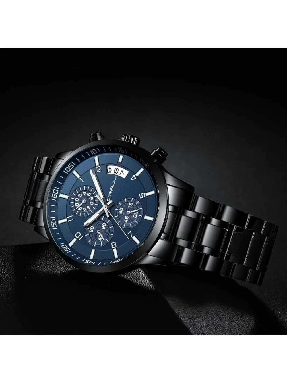Mens Black Blue Analog Quartz Stainless Steel Waterproof Chronograph Wrist Watch